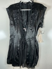 NWT 3 Pieces Linea Donatella Satin Babydoll Chemise Robe Set Womens Black