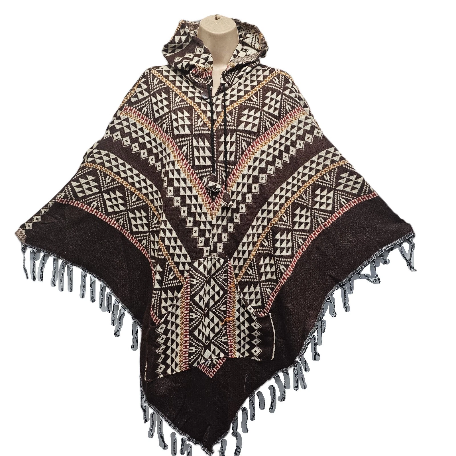 Geometric Print Hooded Acrylic Wool Hippy Festival Poncho Tassel Pocket S M L XL