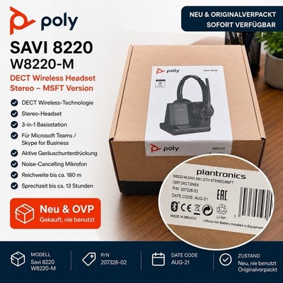 Poly Plantronics Savi 8220 W8220-M DECT Wireless Stereo Heatset NEU OVP
