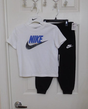 NWT 2pc Nike White Blue Gray Black Swoosh Logo Shirt Sweatpants Set sz 5