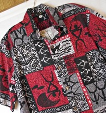 WOW Vtg Barkcloth Mens Hawaiian Shirt Tiki Aloha Native Black Red Lg