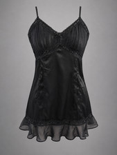 Valerie Stevens Black Satin Lace Chemise Babydoll Slip Lingerie Ruffle Hem M