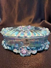 Fenton Blue Iridescent Carnival Glass Rose Covered Trinket Box 4.25"