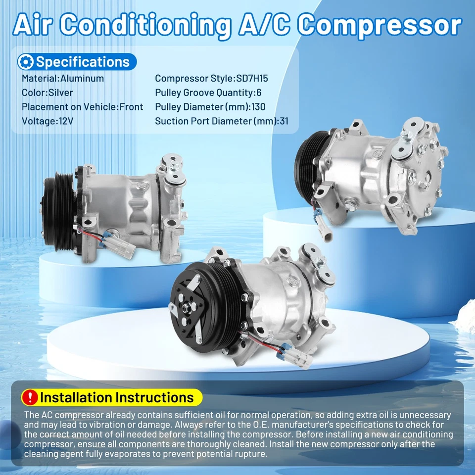 AC Compressor w/ Clutch for 1996-1999 Chevy GMC C1500 C2500 C3500 4.3L 5.7L 6.5L - Изображение 3 из 4