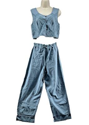 Vtg Victoria's Secret Collection Set Size S/M Blue Pant Crop Top Linen 90s Y2K