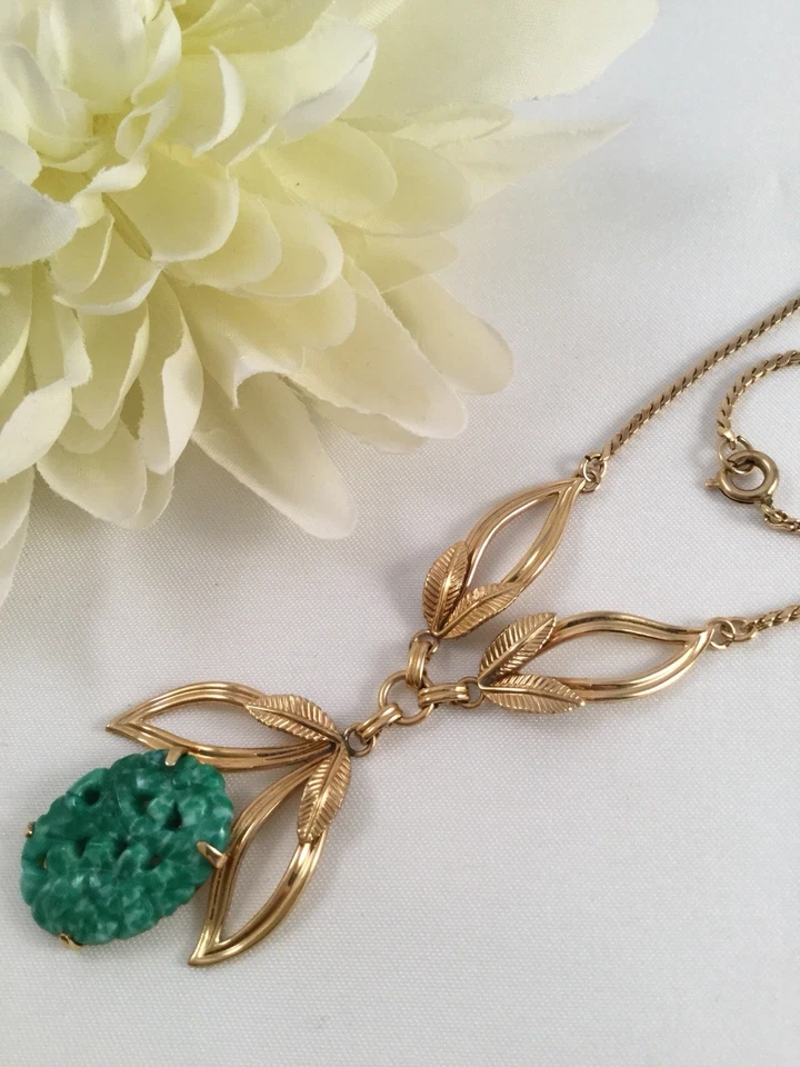 Joyería Vintage Collar Cadena Oro Jade Verde Vidrio Pekín Colgante Joyería   Foto 4 de 4