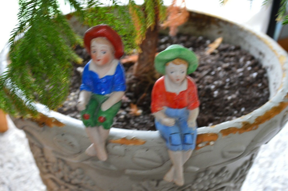 Antique Huck Finn Fisherman Plant Sitters For Rim of Pots Made in
