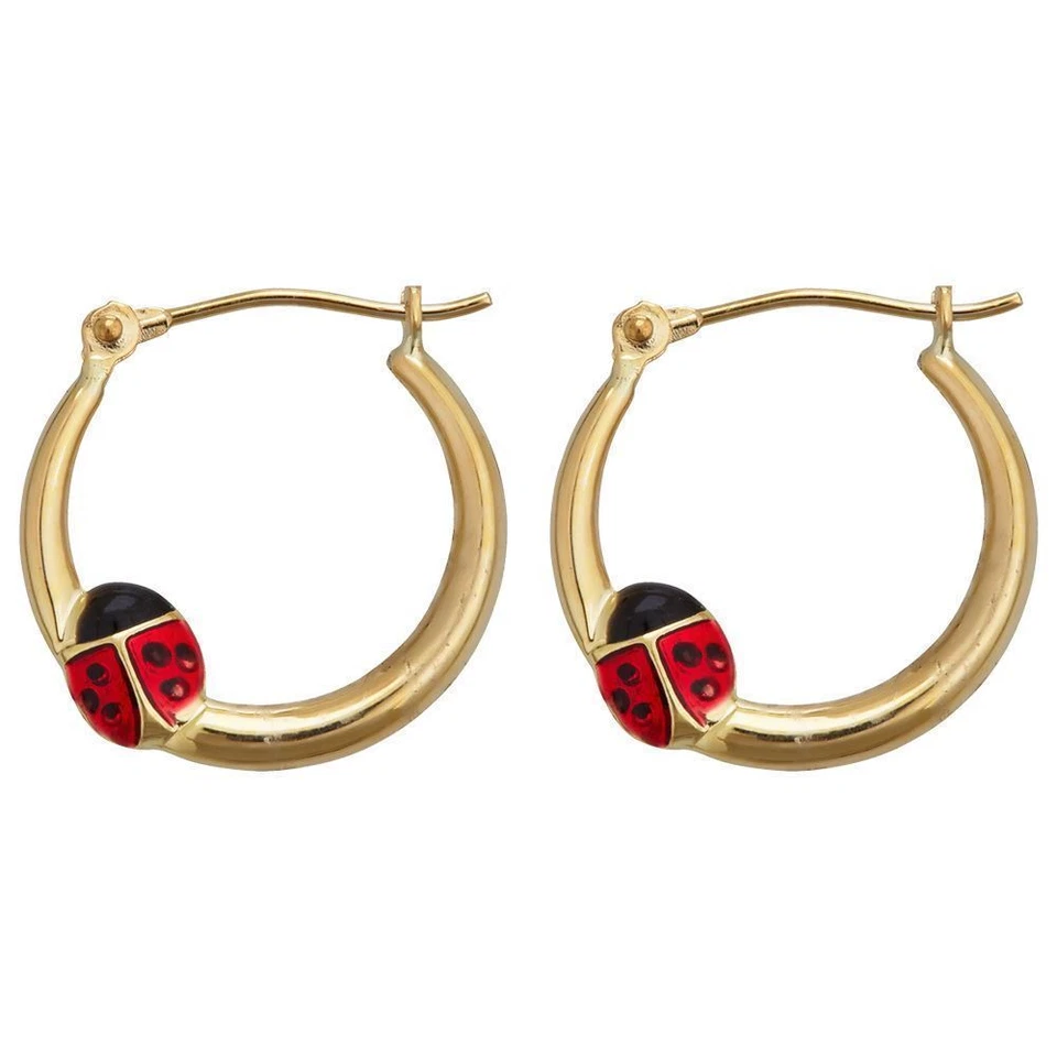 Enamel Ladybug Polished Shiny Hoop Earrings Real 14K Yellow Gold Super Light