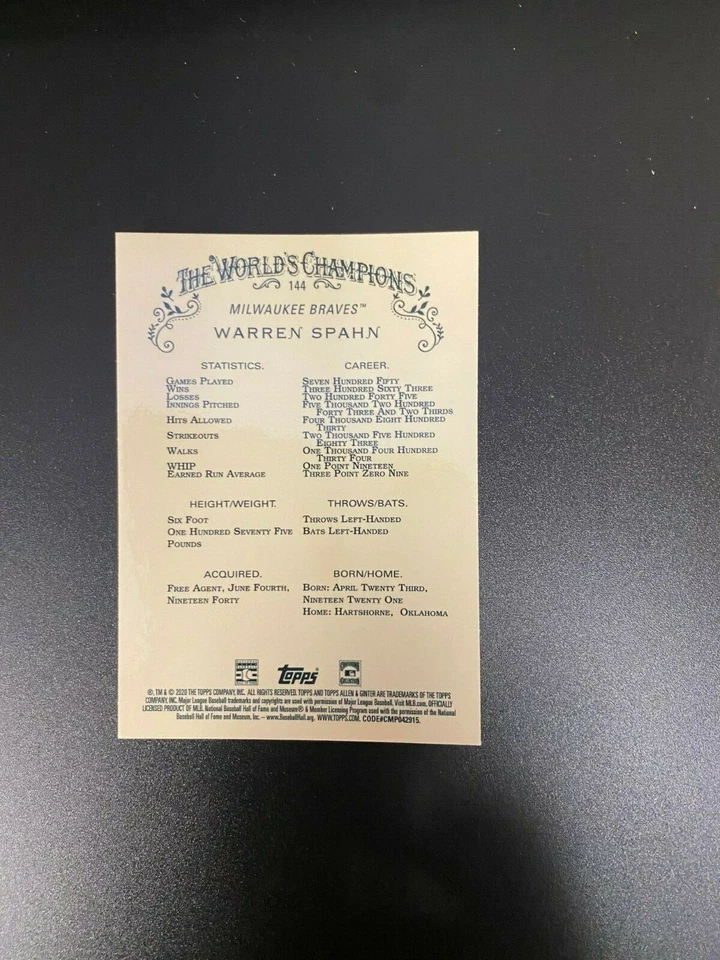 2020 TOPPS CHROME ALLEN & GINTER WARREN SPAHN # 144 - Image 2 of 2