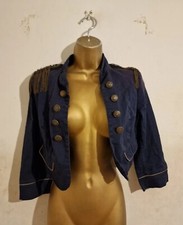 Navy Gold Chain Crystal Stud Fringe Tassel Military Crop Denim Biker Jacket 6 8