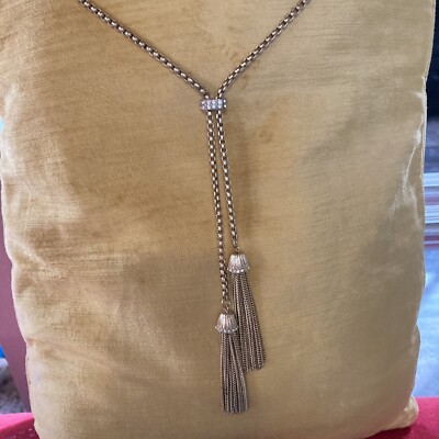 J. CREW Lariat Necklace Shiny Gold PL Double Tassels LONG Chain