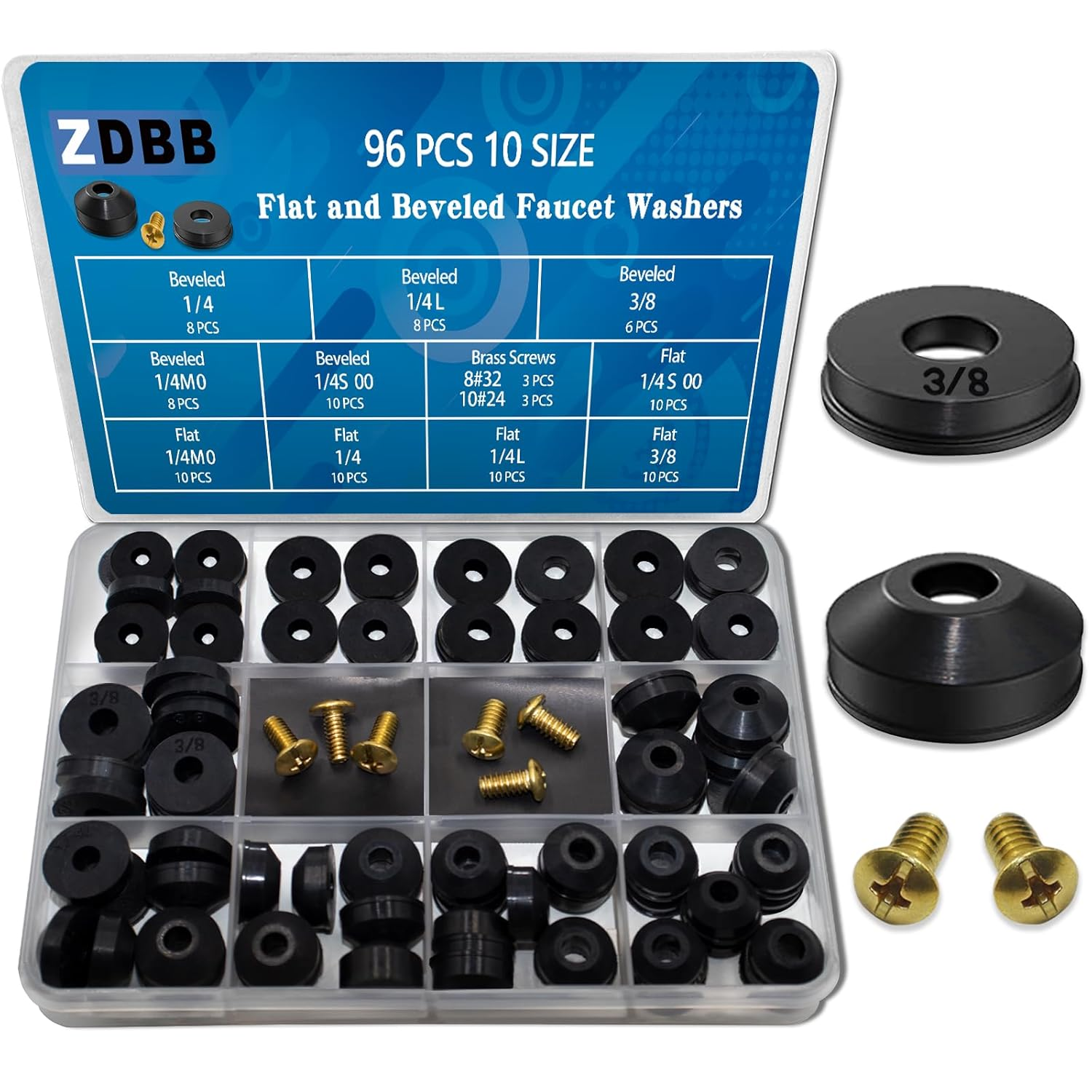 96 Pcs Flat and Beveled Faucet Washers and Brass Bibb Screws Assortment for Use