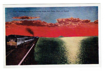 Overland Limited Crossing Great Salt Lake Utah at Sunset Linen Postcard Unposted