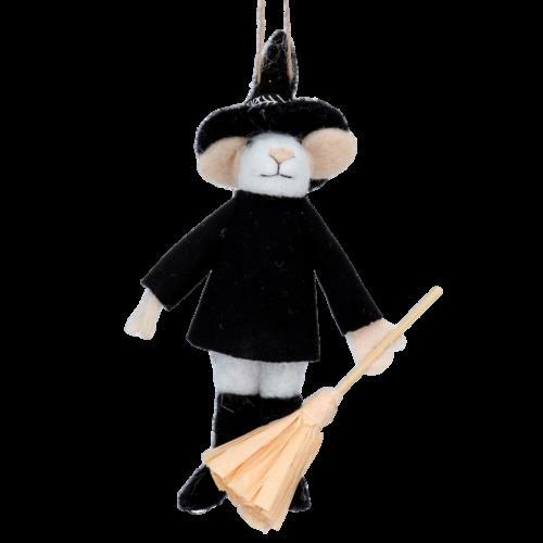 Halloween Decoration - Gisela Graham Wool Mouse Halloween Wizard with Broom