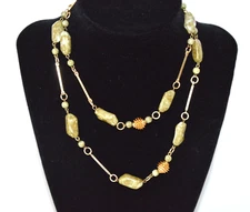 Vintage Green Agate Necklace with Bars Gold Tone Beads 30"