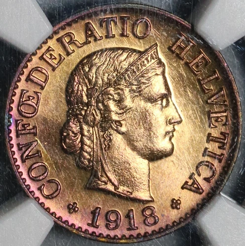 1918 NGC MS 65 Switzerland Brass 10 Rappen Mint State Swiss Coin (20052805C)