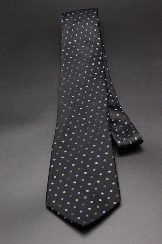 Corbata de seda NICOLE MILLER NY. Negro con lunares grises y azules. Foto 2 de 3