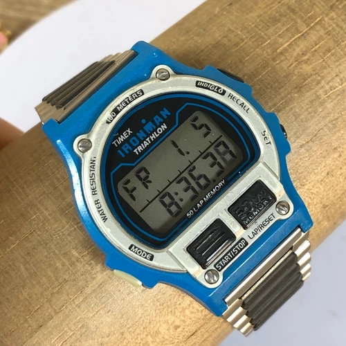 Vintage 90s Timex Ironman Mens Blue Case Indiglo Digital Alarm Chronometer Watch