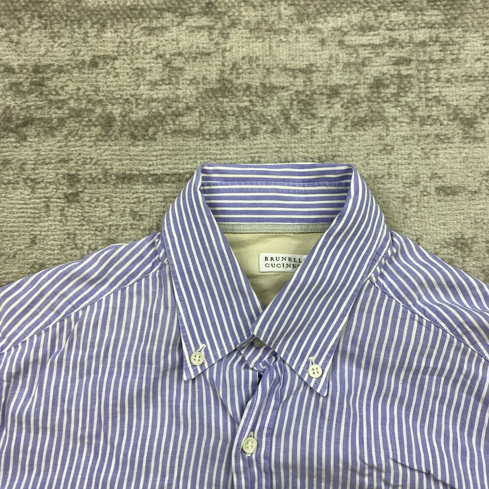 Brunello Cucinelli Linen Button Up Shirt Medium 15 Purple White Dress Outdoors - Image 3 of 4