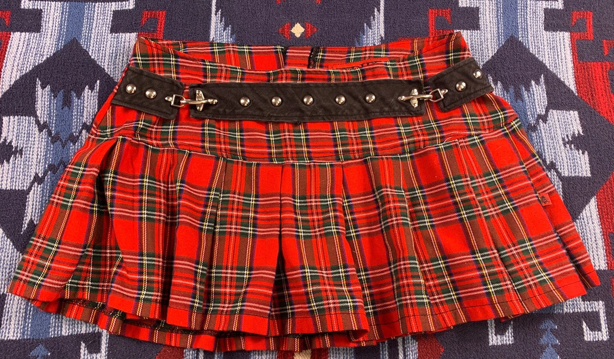 Tripp Nyc Mini Skirt Royal Red Tartan Plaid Large Pleated Studded School  Girl