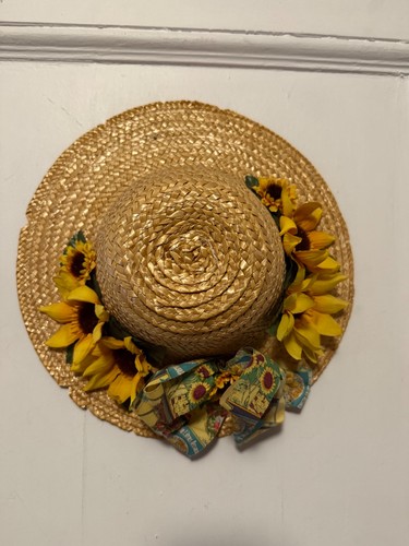 Girl's HAT Low Crowned Natural Straw 1840-1860's sunflowers and bow