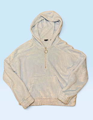 Free Haven XS Cropped Fuzzy Hoodie Pale Blue Half Zip Plush Kangaroo Pocket