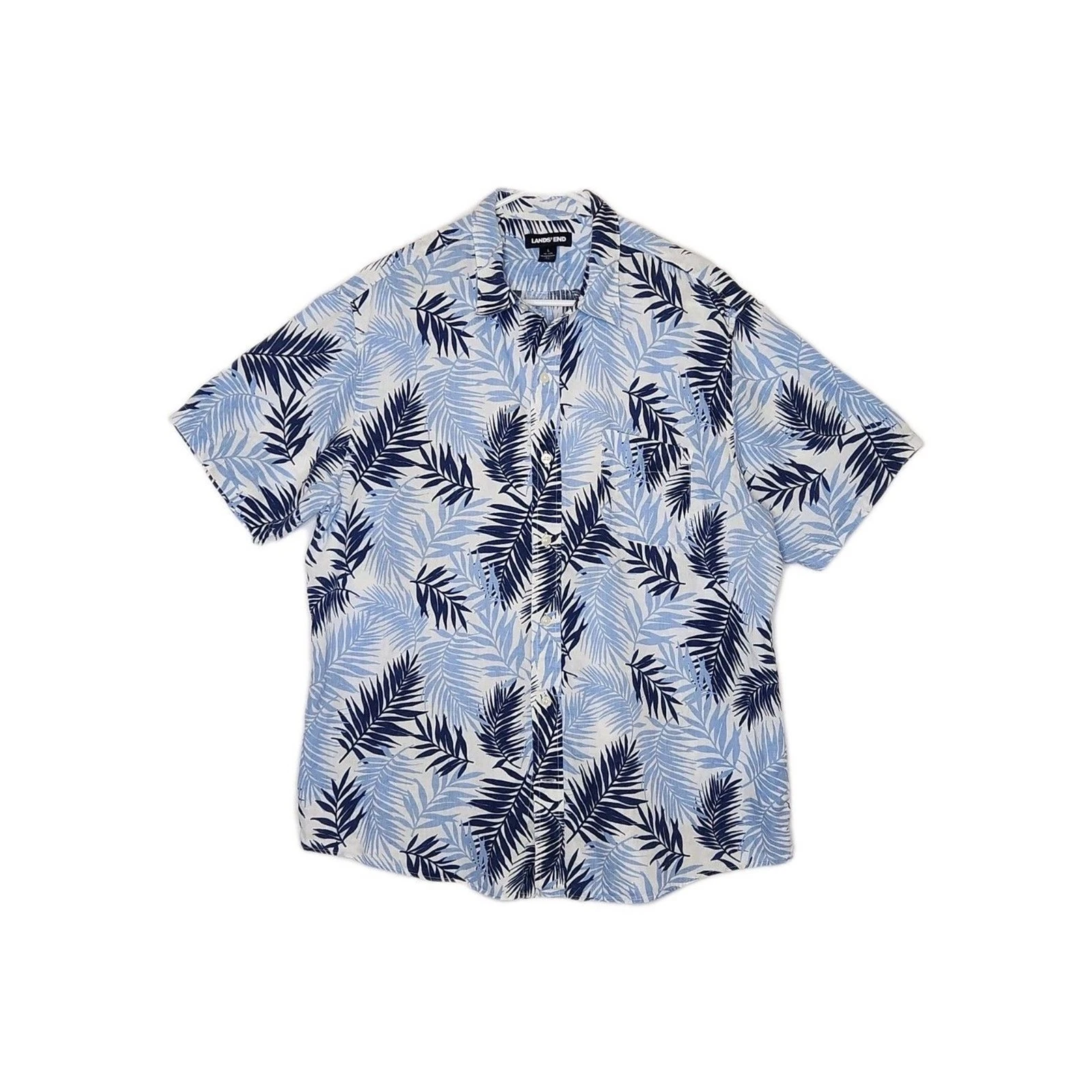 Lands End Tropical Palm Leaf Linen Button Down Shirt Blue White Large Resortcore