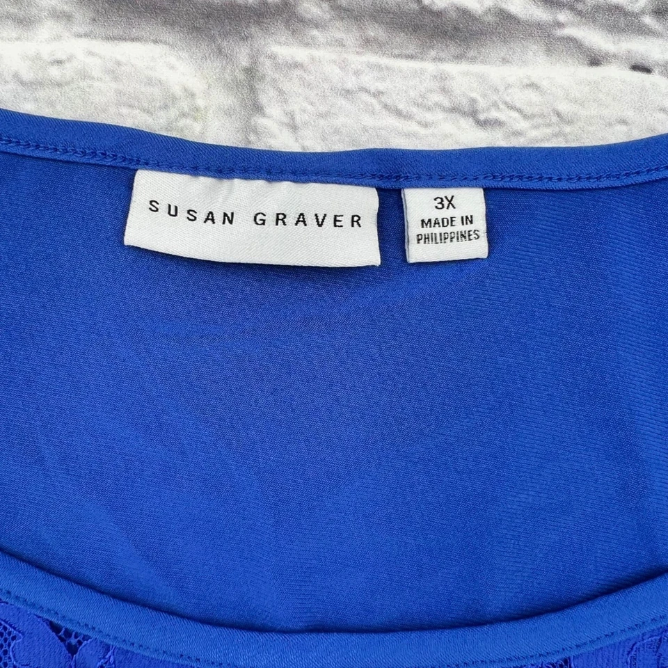 Top sin mangas con panel de encaje azul Susan Graver para mujer talla grande 3X Foto 3 de 4