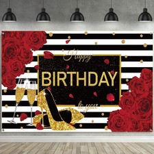 Sumind Red Black Happy Birthday Backdrop Fabric Red Rose Party Decor Black Gold