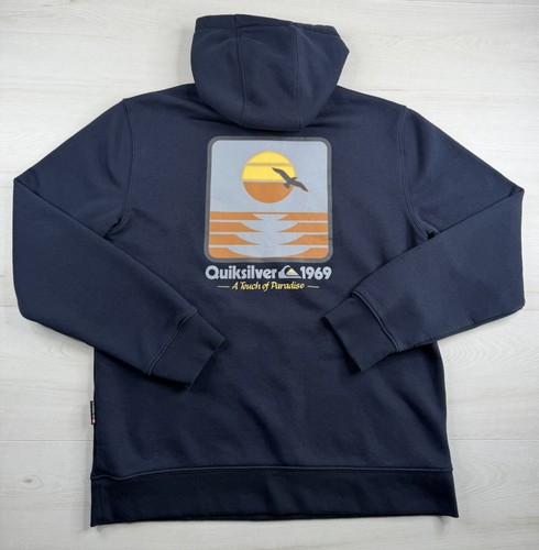 Quicksilver Graphic Hoodie Blue Beach Sunset Surf Skate Thermal Lined Hood Men M