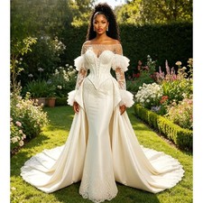 Luxury Mermaid Wedding Dresses Off Shoulder Illusion Beaded Lace Corset Gowns