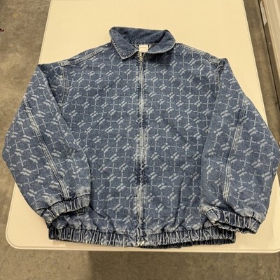 iets frans Denim All Over Logo Zip Up Bomber Jacket Blue Quilted Lined Size M