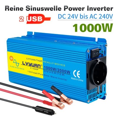 1000W 2000W 24V auf 230V Reiner Sinus Spannungswandler LKW Wechselrichter 2USB
