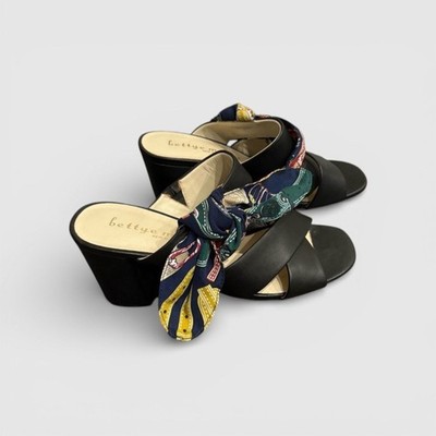 Bettye Muller Vero Cuoio Black Leather Scarf Bow Sandals Block Heel, Women 7.5M