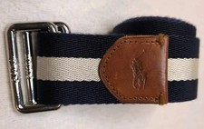 Vtg POLO Ralph Lauren Striped Fabric Belt Leather Medium 38  3 Stripe Hoop Ring