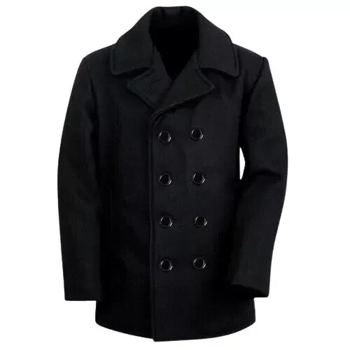 Mens US Navy Black Pea Coat Mens 100% Wool Blend Double Breasted button Jacket