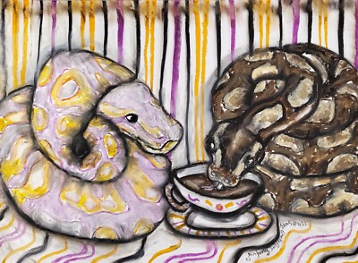 ACEO BALL PYTHON drinking Coffee 2.5 x 3.5  Mini Reptile Art Print KSams Snake