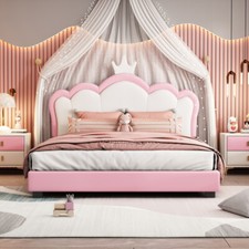 Full Size Upholstered Princess Bed, Platform Bed with Headboard, White Pink