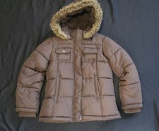 Girls OLD NAVY Brown Hooded Fur Zipper Puffer Jacket Coat Small 6-7 Fleece Lined