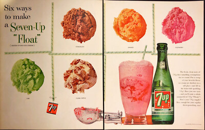 1962 7-Up Seven-Up Soda Ice Cream Float 2 PAGES Print Ad Bottle Multi Flavors