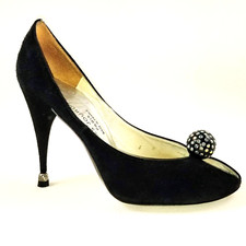 Charles Jourdan 8 B Black Suede Peep Toe Stilettos Vtg Madly Disco Exotica