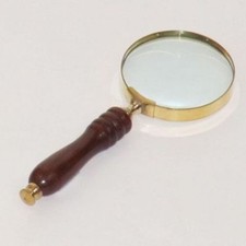 8" BRASS MAGNIFYING GLASS WOODEN HANDLE - HAND HELD BRASS MAGNIFIER - OFFICE