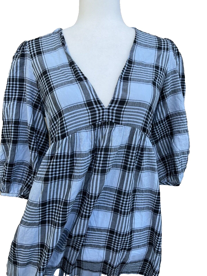 Zara Plaid maxi cotton plaid cottage v-neck dress 3/4sleeve size XS A000257 - Image 2 of 4