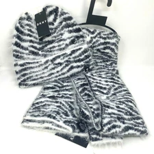 DKNY Womens Beanie Hat and Scarf Two Piece Set Black White Fuzzy Animal Print