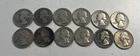 Lot of 12 90% silver Washington Quarters, 1936-1964 Circulated 12 Different Year