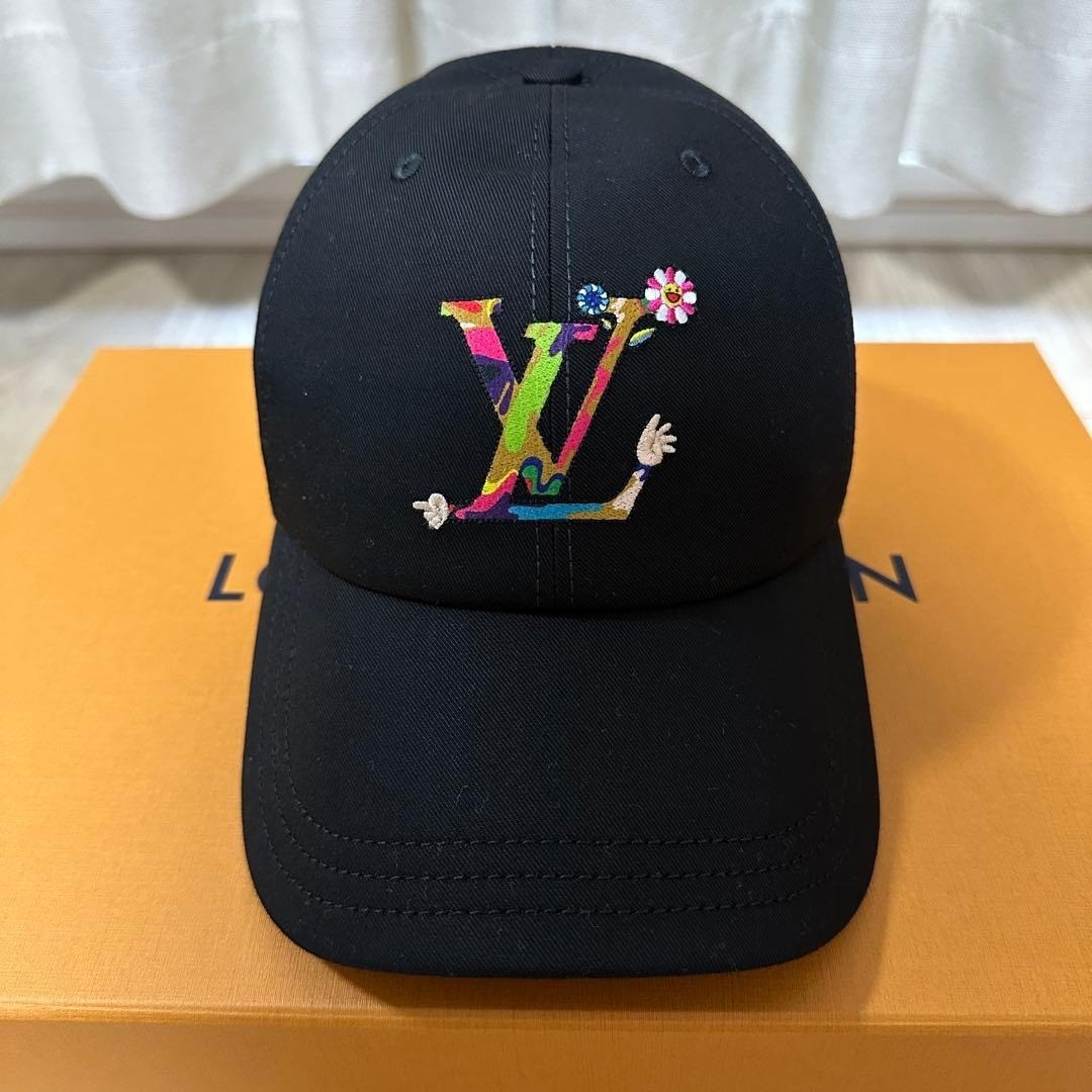 帽子 LOUIS VUITTON Louis Vuitton Takashi Murakami Black Embroidered Cap Hat S