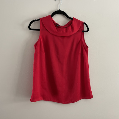 Talbots Women Sz 8 Red Satin Rounded Back Button Collar Sleeveless Top Blouse