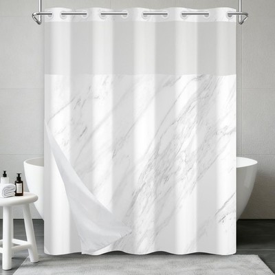 Ivory Grey Marble Shower Curtain with Snap in Fabric Liner, Waterproof No Hoo...