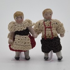 2 RARE TINY 1" ANTIQUE BISQUE JOINTED DOLLS W/ CROCHET CLOTHES - Carl Horn(?)