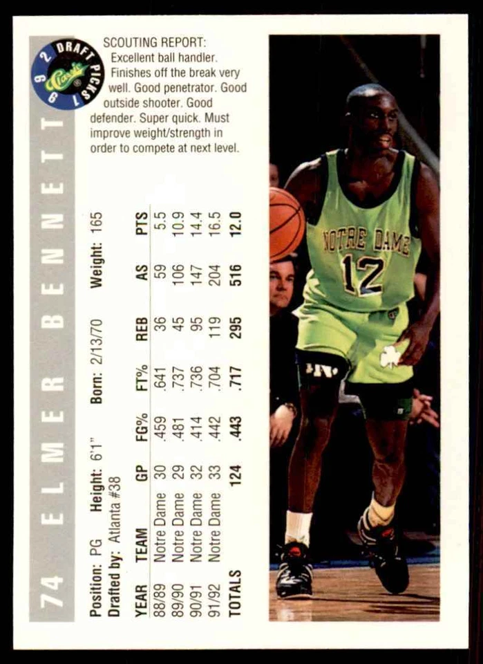 1992-93 Classic Draft Picks Elmer Bennett . Notre Dame Fighting Irish #74 - Image 2 of 2